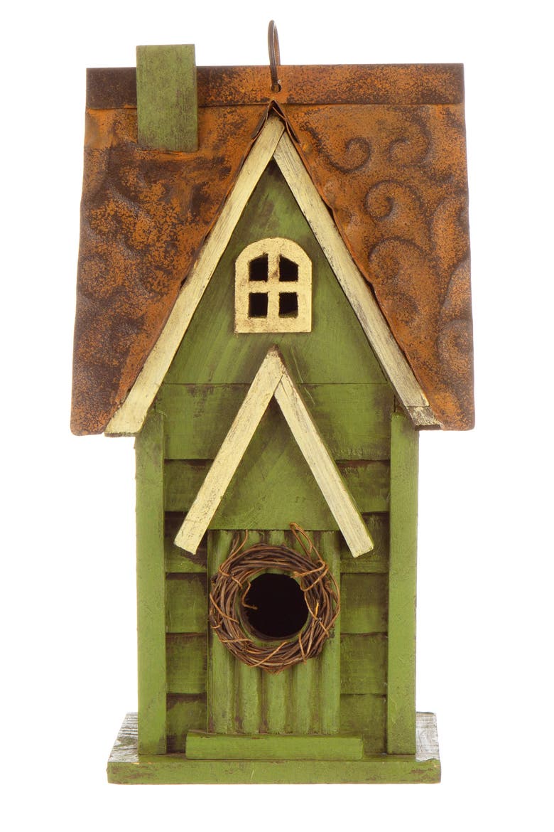 12"H Retro Distressed Painted Solid Wood Cottage Birdhouse, Alternate, color, Green