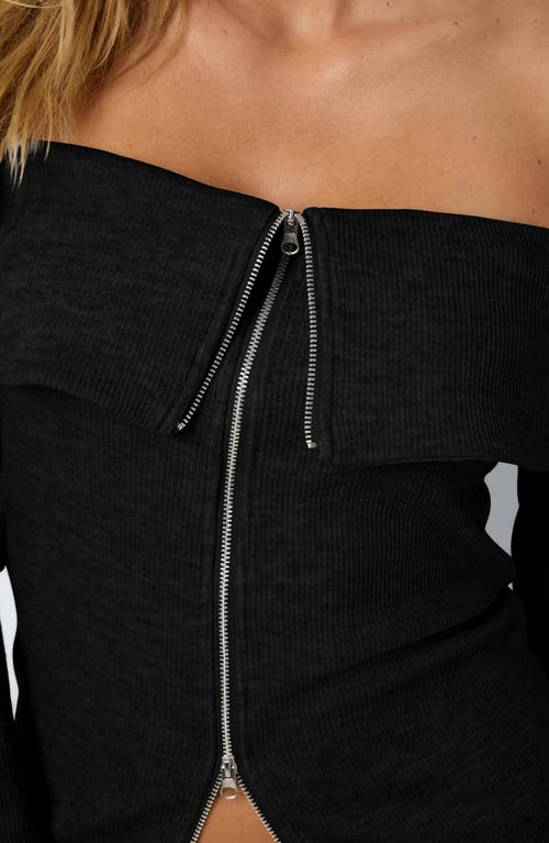 Noisy May Stormy Off-the-shoulder Two Way Zip Long Sleeve Sweater In Black