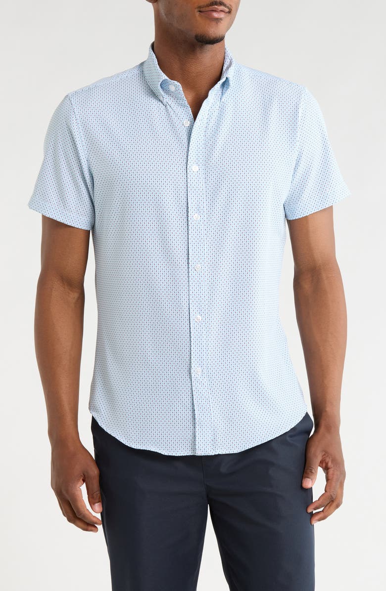 DENIM AND FLOWER Geometric Print Button-Up Shirt, Main, color, White