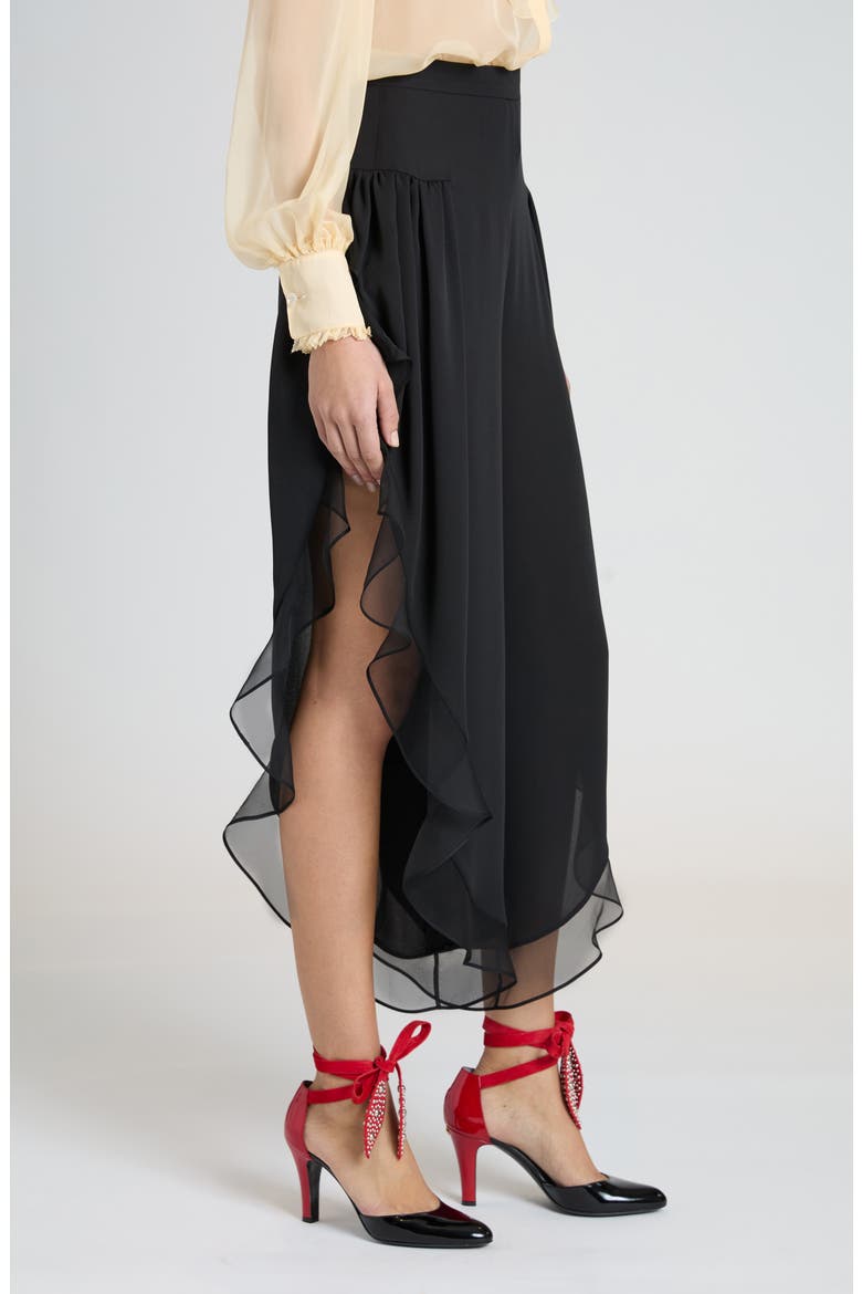 Ruffle Silk Georgette Pants, Alternate, color, NERO