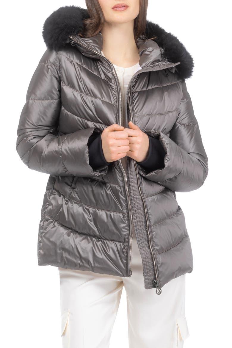 Apres-Ski Mid Jacket With Detachable Genuine Shearling Hood Trim, Main, color, GREIGE/BLACK