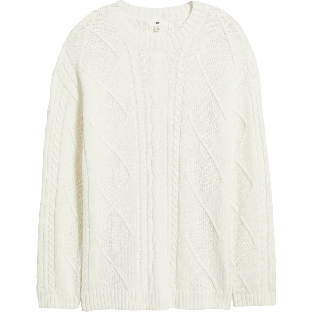 Bp. Cabled Oversize Cotton Blend Crewneck Sweater In White