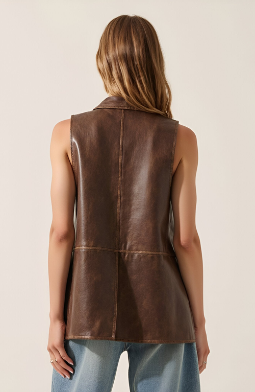 Modenaire Faux Leather Vest With Snap Buttons In Brown