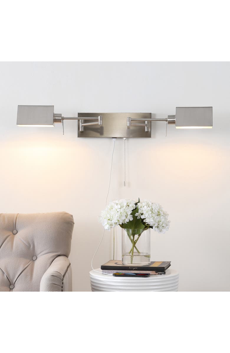 JONATHAN Y Arlo 2-Light Farmhouse Industrial Double Swing Arm Iron LED Wall Sconce with Pull-Chain USB Charging Port, Alternate, color, Nickel