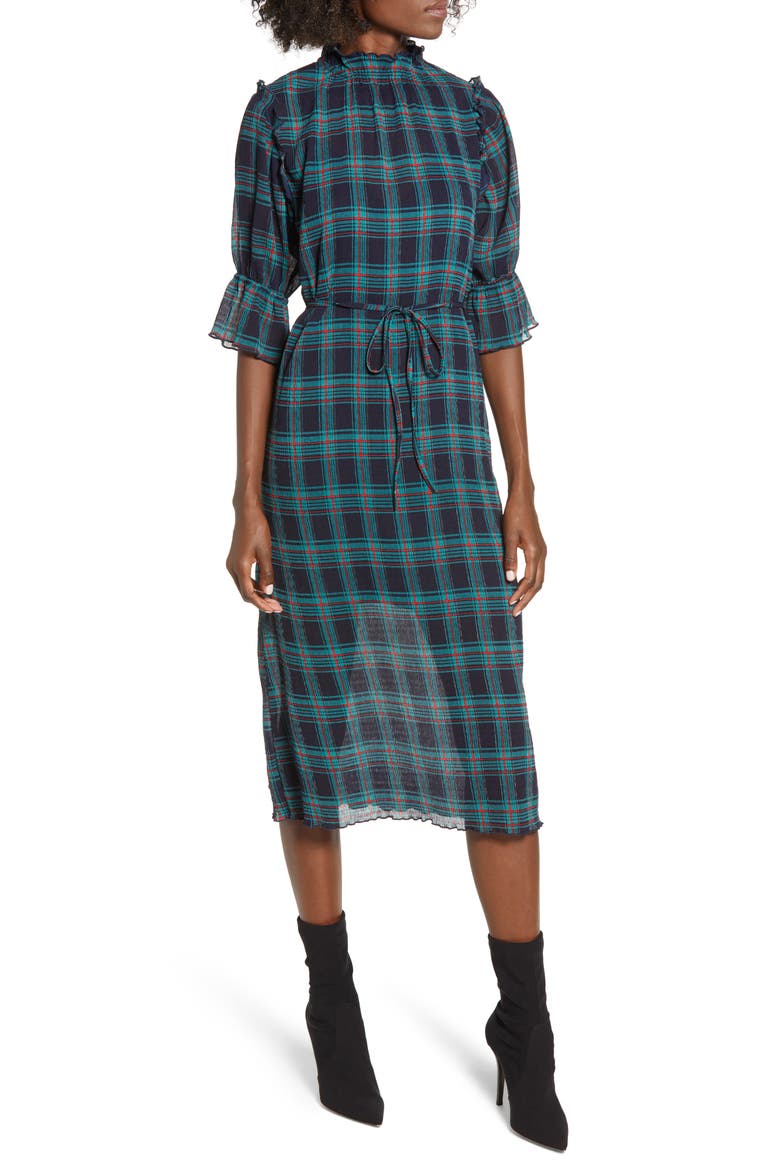 Zone Tartan Midi Dress, Main, color, NAVY W RED