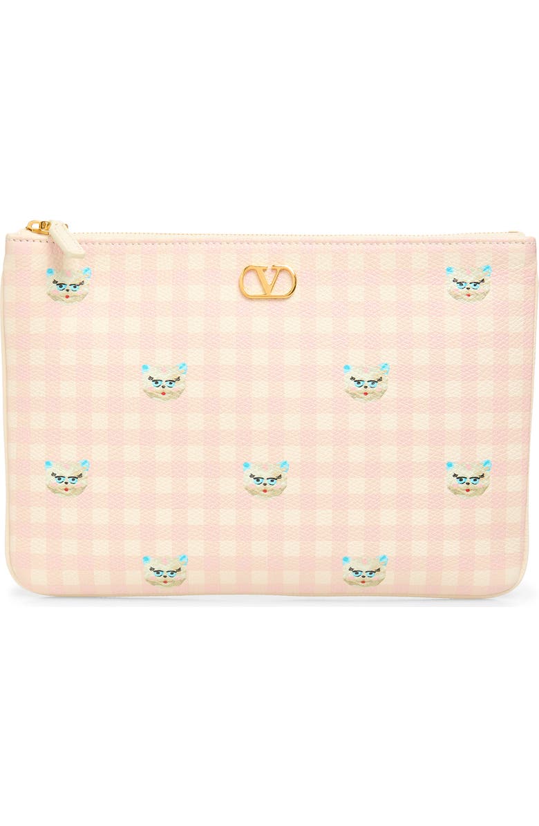 Valentino Garavani Medium VLOGO Signature Flat Leather Pouch Clutch, Main, color, Ivory/ Multi