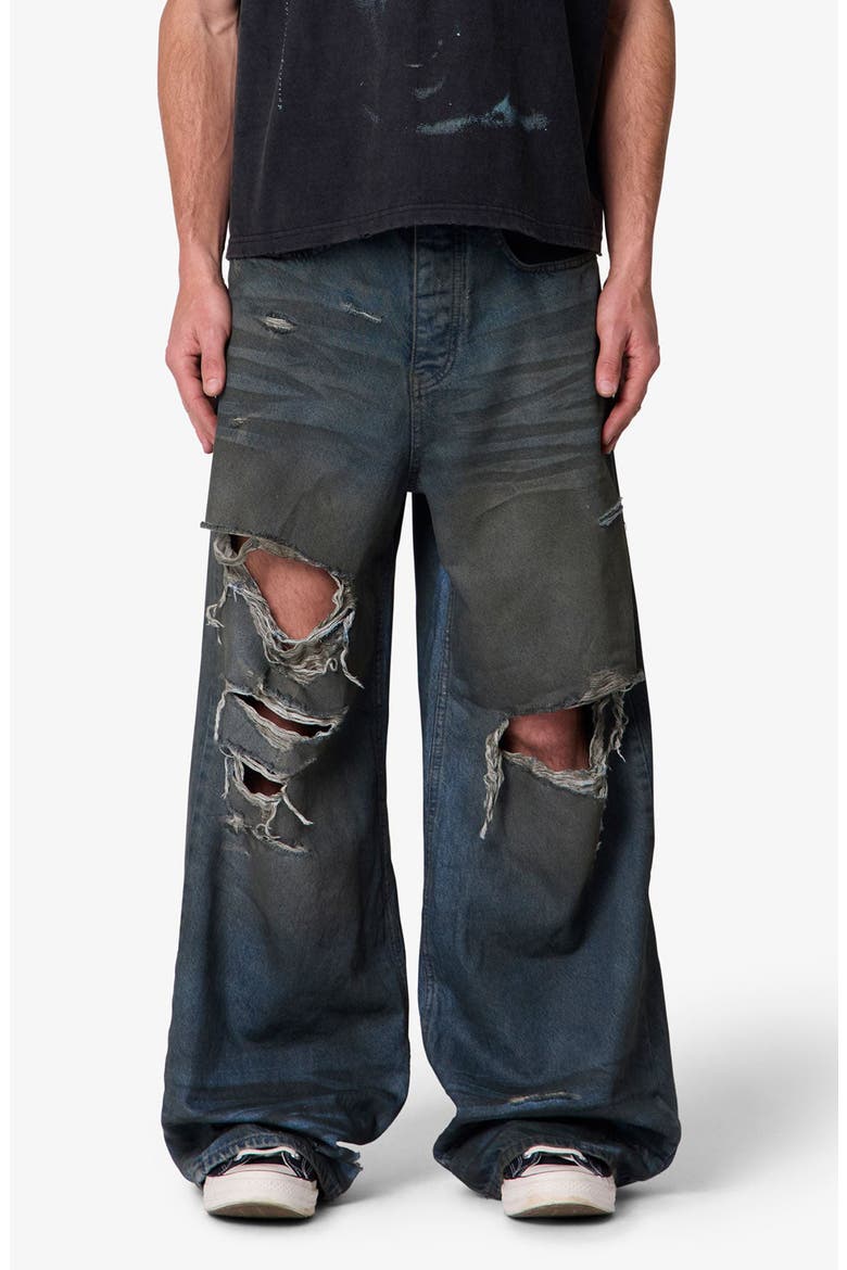 Oil Stain Rave Ripped Relaxed Wide Leg Jeans, Main, color, BLUE