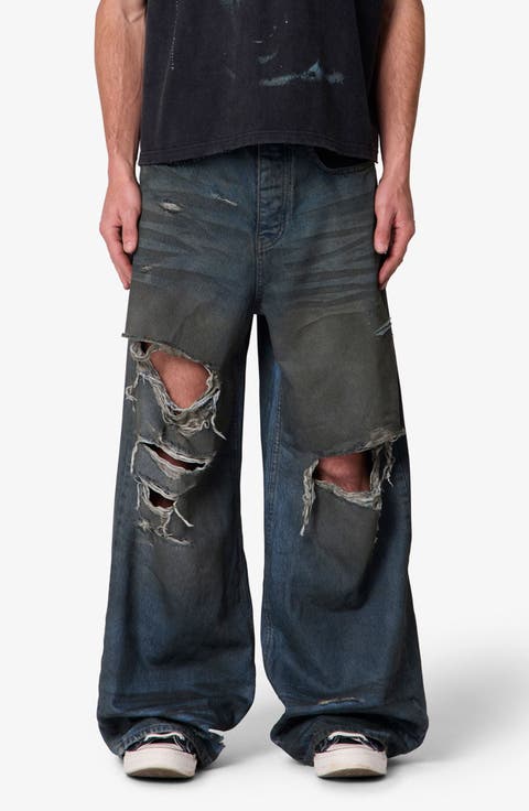 Oil Stain Rave Ripped Relaxed Wide Leg Jeans