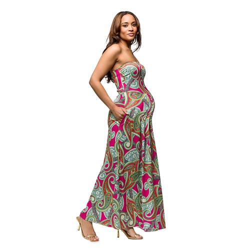 24seven Comfort Apparel Maternity Pink Paisley A-line Strapless Maxi Dress With Pockets