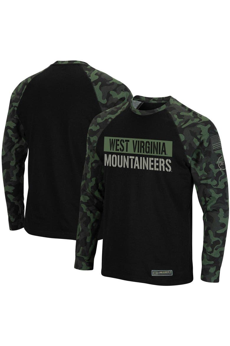 Men's Colosseum Black/Camo West Virginia Mountaineers OHT Military Appreciation Big & Tall Raglan Long Sleeve T-Shirt, Main, color, Black