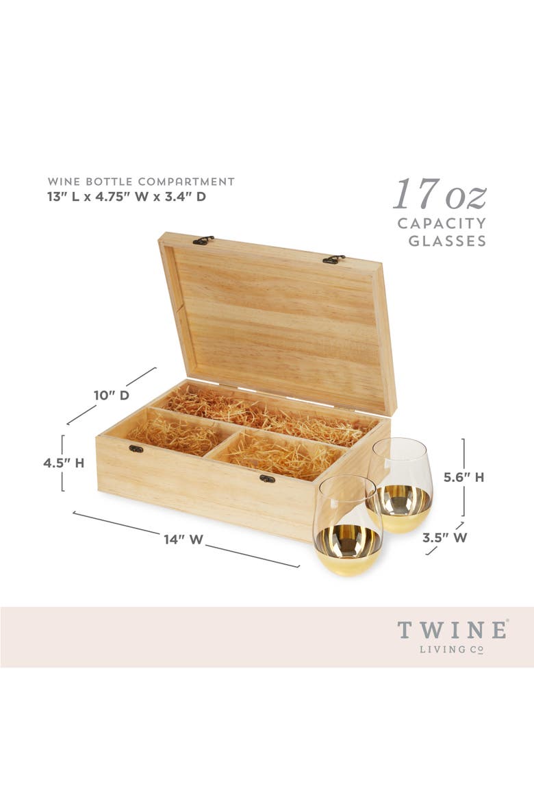 Single Bottle Wooden Wine Box with Two Stemless Wine Glass Set, Alternate, color, Wood