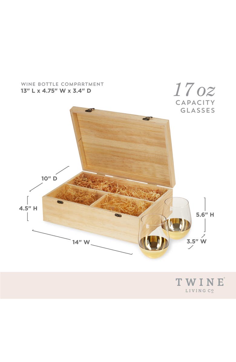 TWINE Single Bottle Wooden Wine Box with Two Stemless Wine Glass Set, Alternate, color, Wood