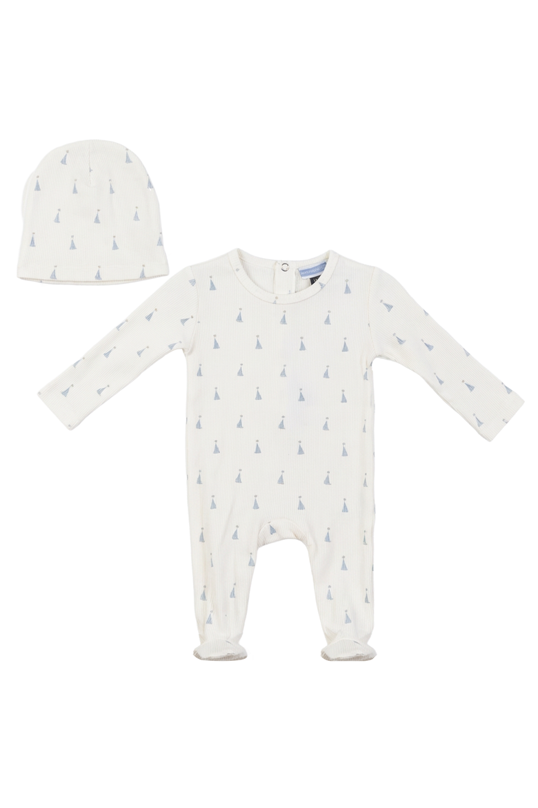 Sail Boat Ribbed Matching Hat Romper Set, Main, color, Off White/Blue