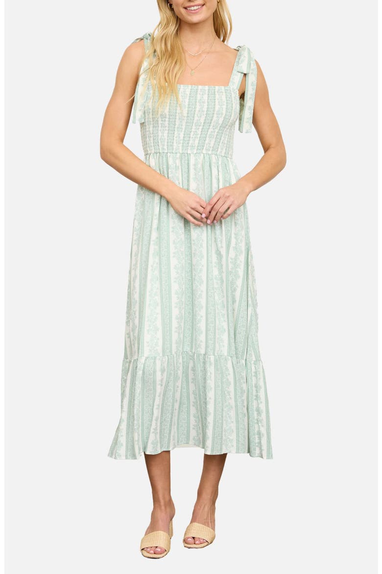 Shoulder Tie Smocked Midi Dress, Main, color, IVORY/ GREEN