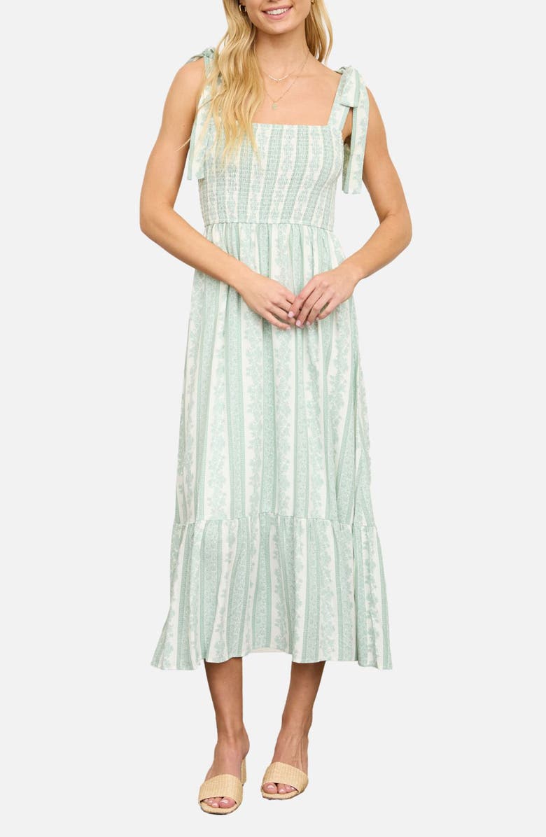 AUGUST SKY Shoulder Tie Smocked Midi Dress, Main, color, Ivory/ Green