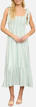 AUGUST SKY Shoulder Tie Smocked Midi Dress
