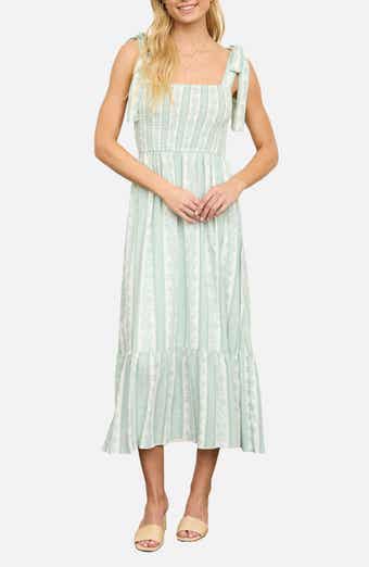 AUGUST SKY Shoulder Tie Smocked Midi Dress