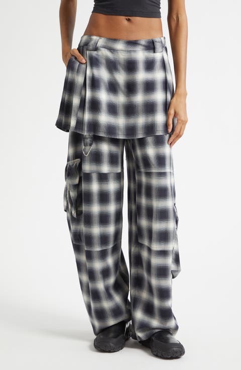 Lawn Plaid Skirt Overlay Cargo Pants (Black Wavy Flower Stripe)