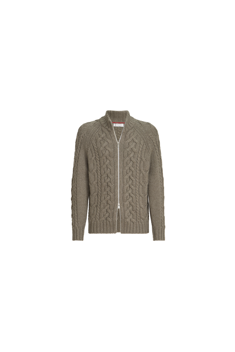 Cable knit cardigan in cashmere Feather yarn with zipper, Alternate, color, Military