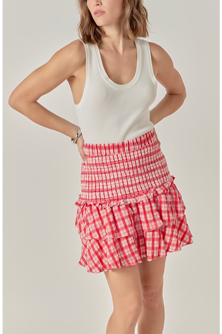 Plaid Smocked Waist Ruffle Miniskirt, Alternate, color, RED