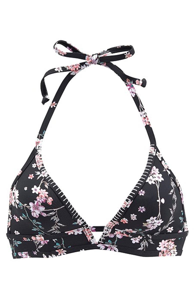 LASCANA Women's Plunge Triangle Bikini Top Size 34C/D, Alternate, color, Black Printed