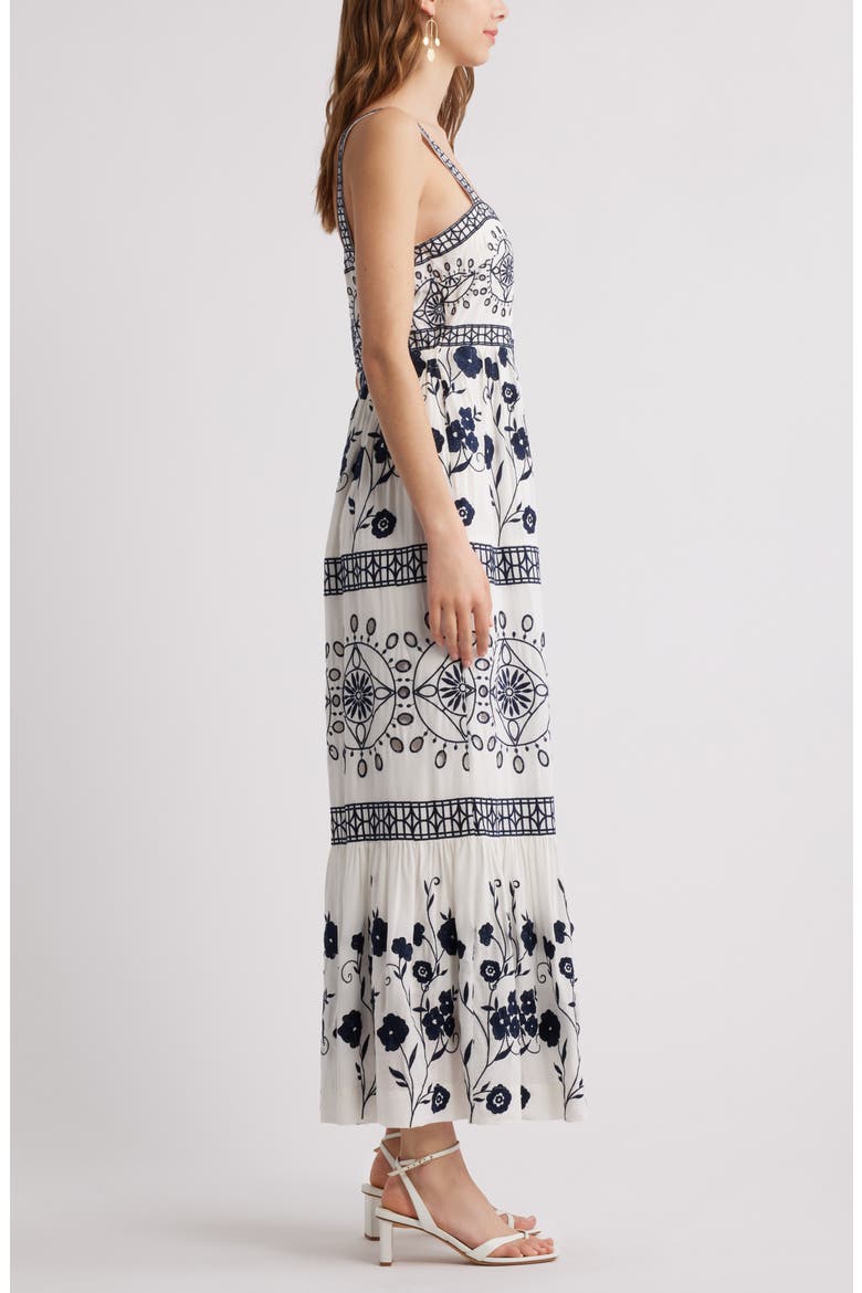 Embroidered Eyelet Sleeveless Maxi Dress, Alternate, color, NAVY WHITE