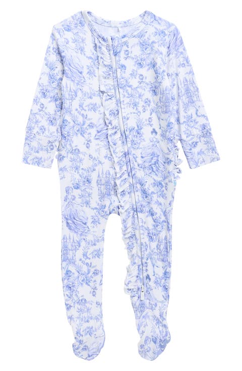 Floral Toile Print Ruffle Zip Footie (Baby)