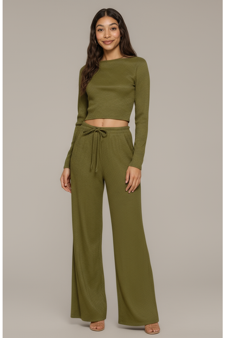 Ribbed Long Sleeve Crop Top and Wide Leg Lounge Pants Set with Drawstring, Main, color, Olive Green