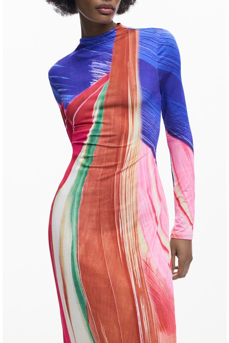 Mock Neck Long Sleeve Midi Dress, Alternate, color, PINK MULTI