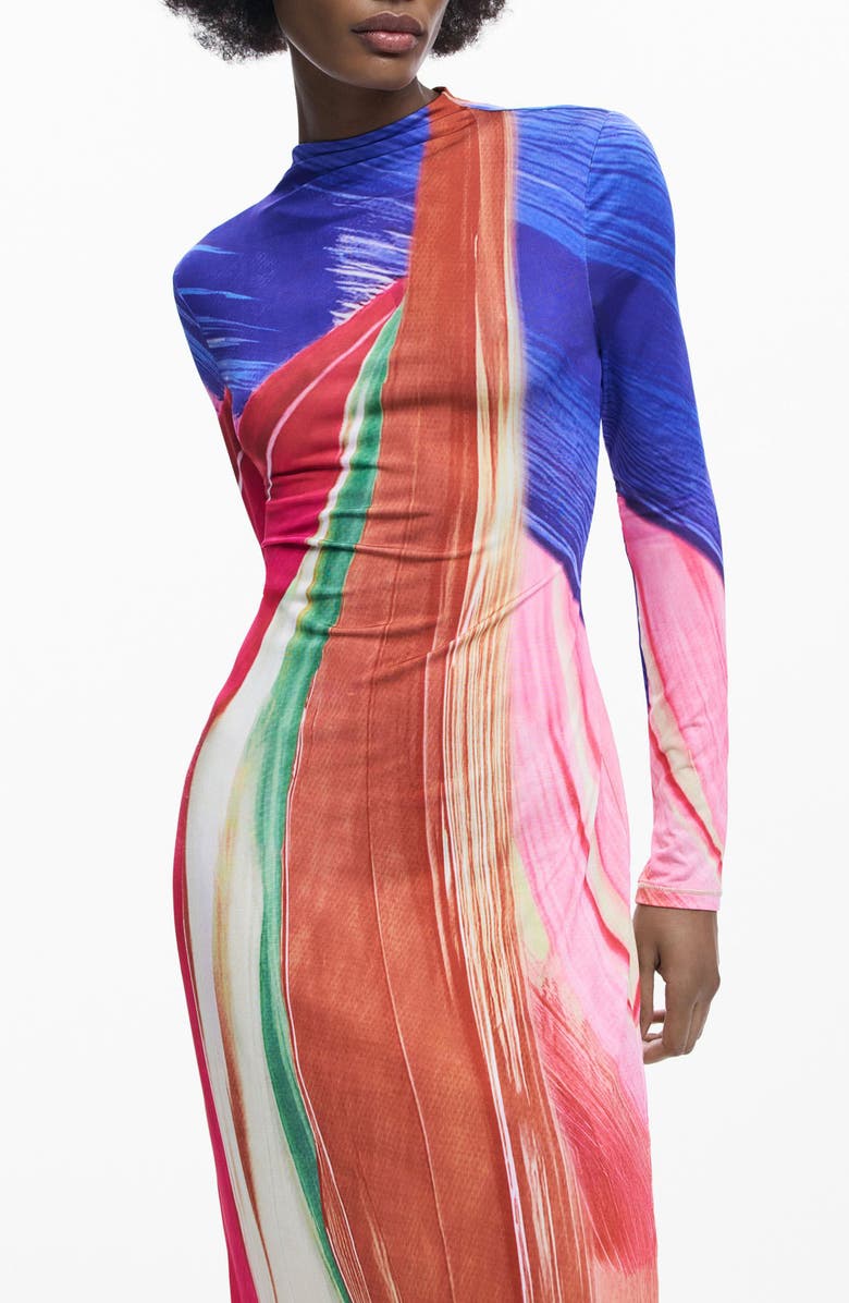 Desigual Mock Neck Long Sleeve Midi Dress, Alternate, color, Pink Multi