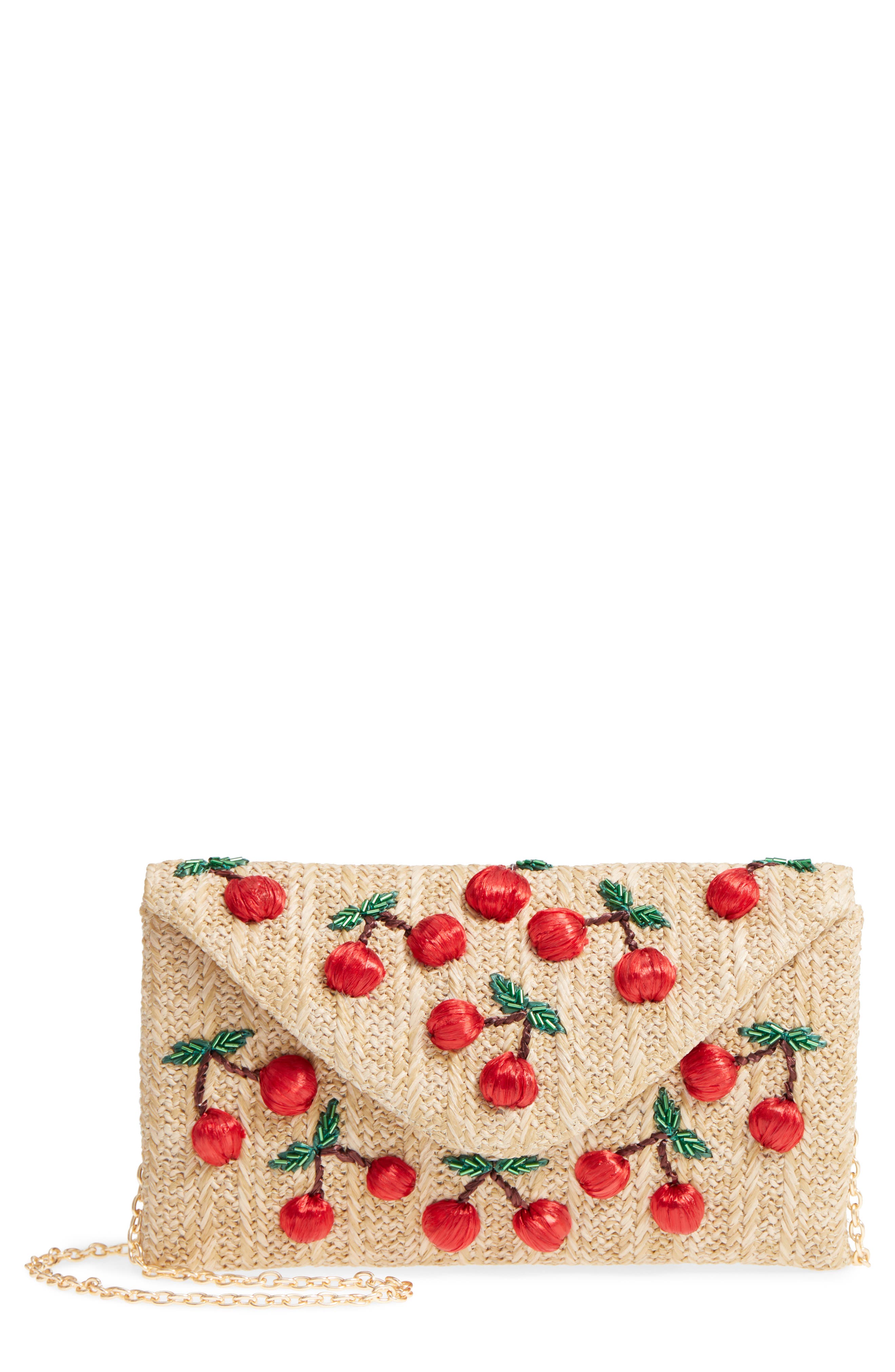 Nordstrom Cherry Embellished Straw Envelope Clutch, Main, color, 