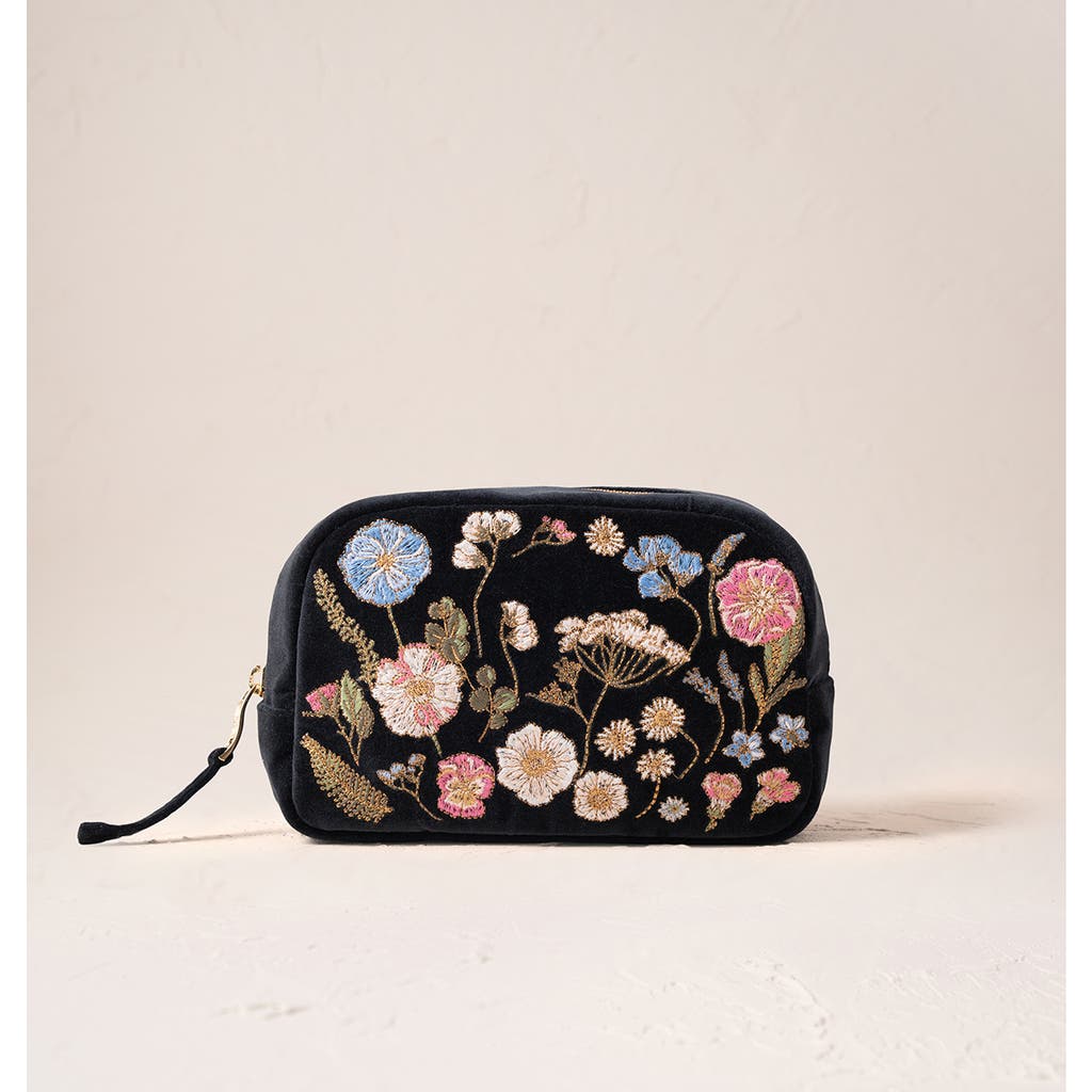 Elizabeth Scarlett Pressed Flowers Velvet Makeup Bag In Black