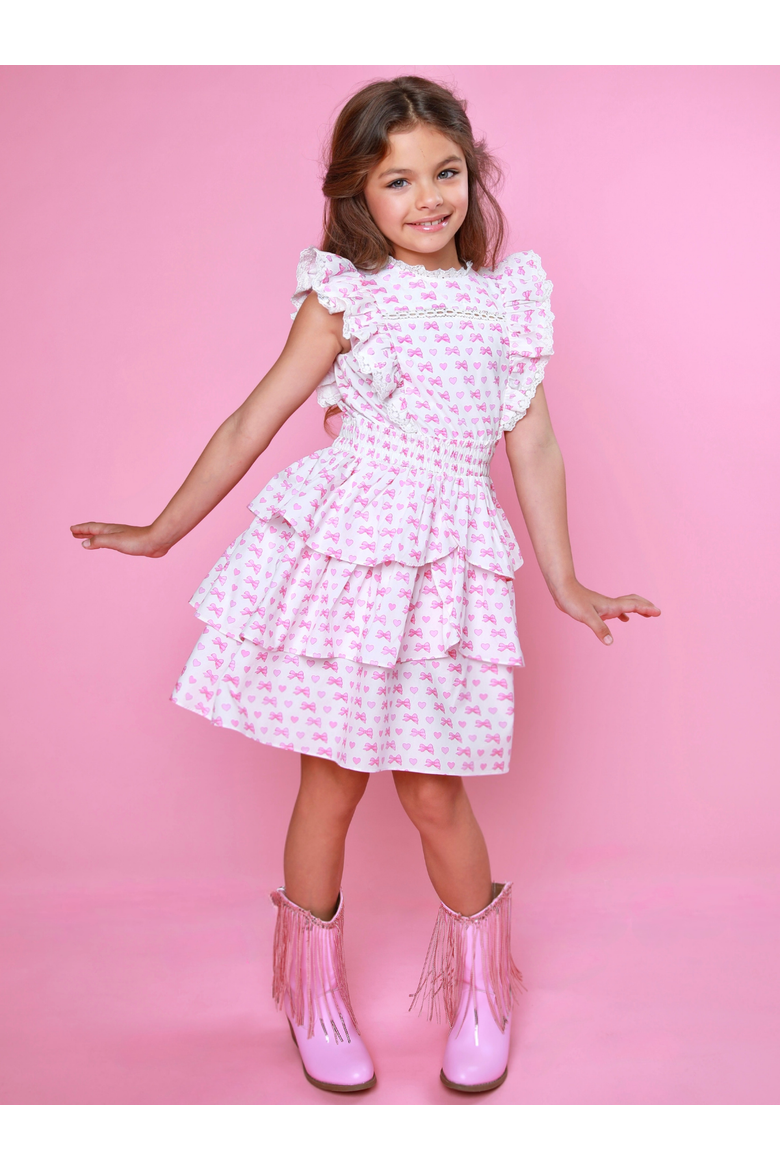 Girly Bow Smocked Ruffle Tiered Dress, Alternate, color, Pink