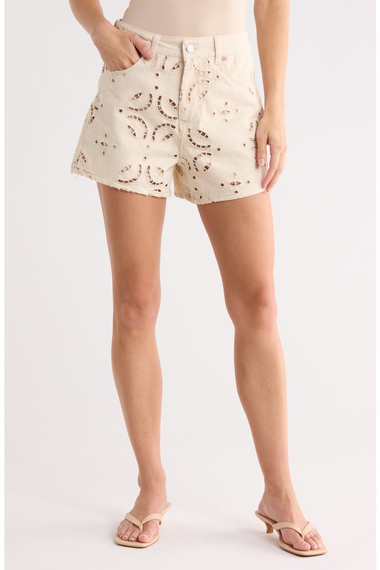 High Rise Eyelet Embroidered Denim Shorts, Main, color, DOUBLE CREAM