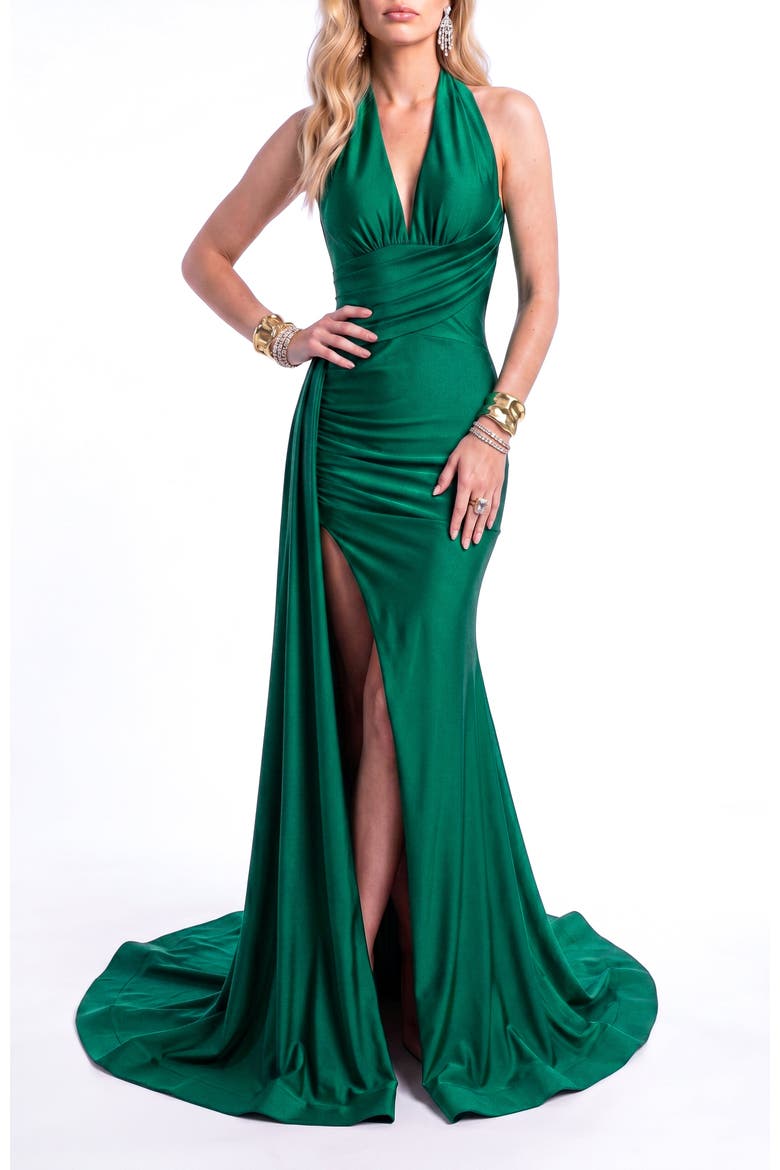 Ruched Halter Mermaid Gown With Side Drape and Slit, Main, color, Forest Green