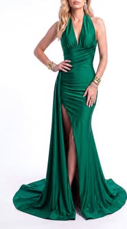 Jessica Angel Ruched Halter Mermaid Gown With Side Drape and Slit