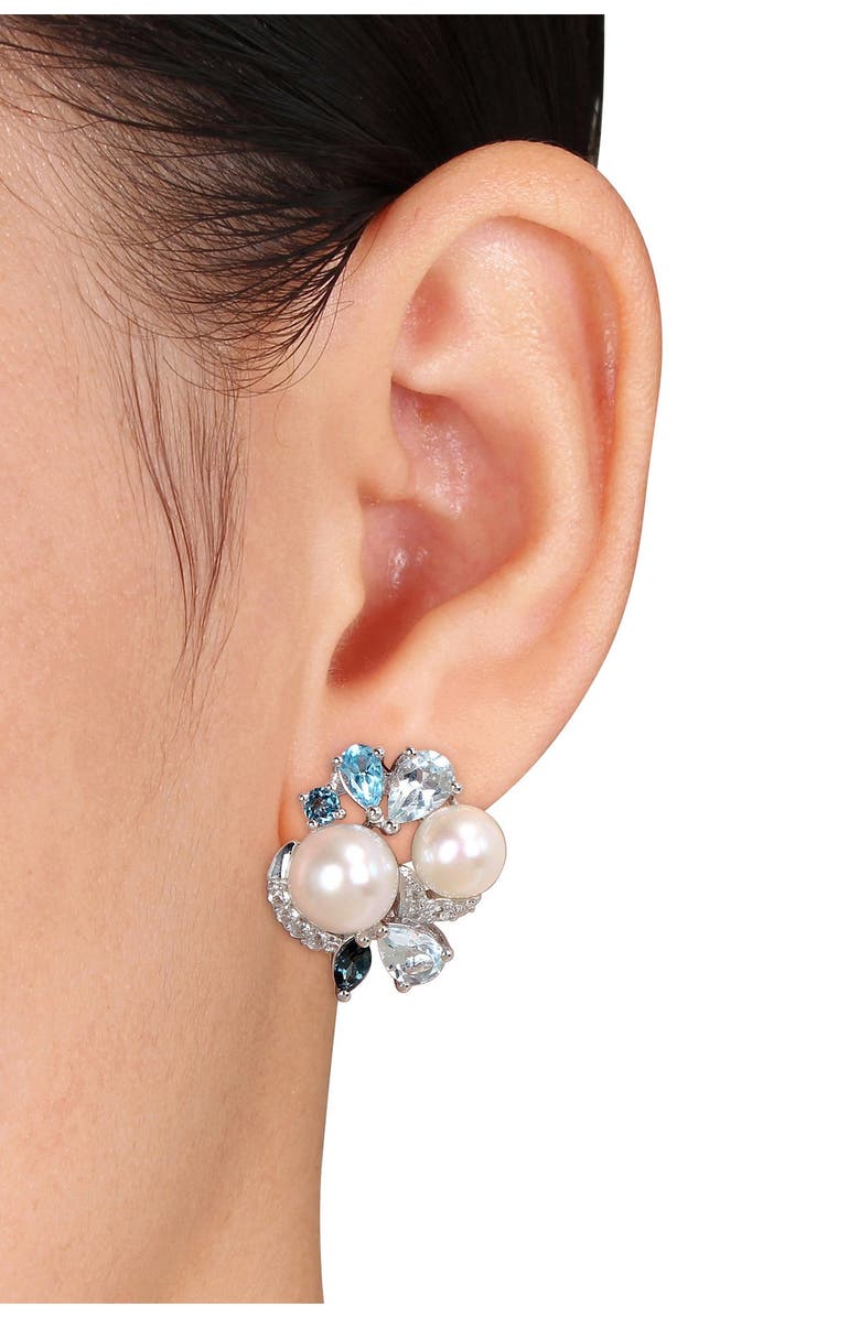 DELMAR Sterling Silver Lab Created White Sapphire, Blue Topaz & 6.5-8mm Cultured Freshwater Pearl Stud Earrings, Alternate, color,