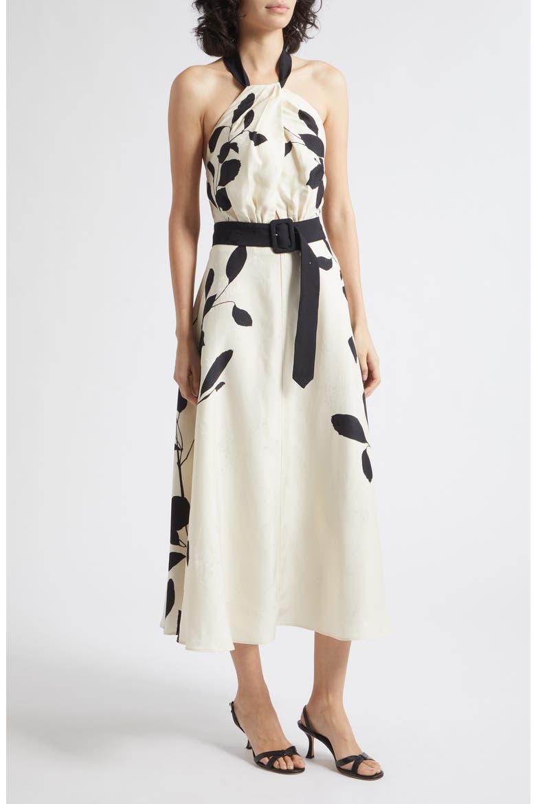 Libby Floral Jacquard Halter Neck Midi Dress, Alternate, color, IVORY/ BLACK