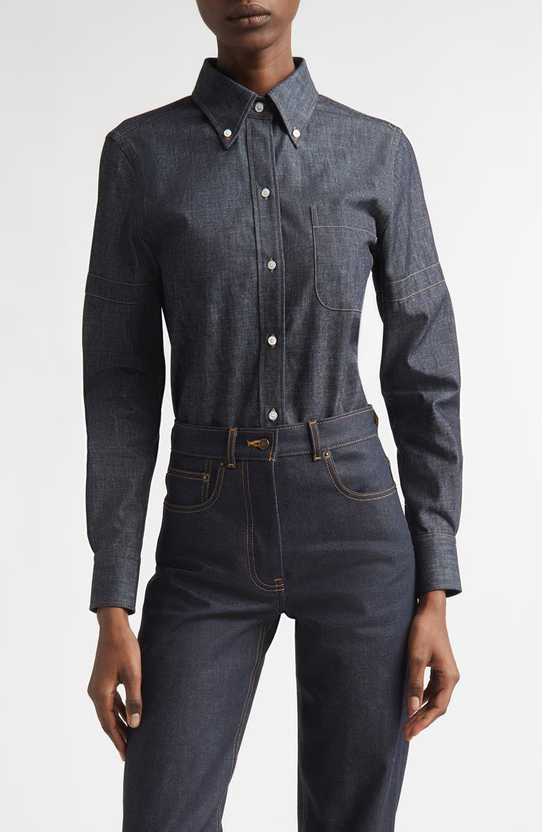 Thom Browne Denim Button-Down Shirt, Main, color, Navy