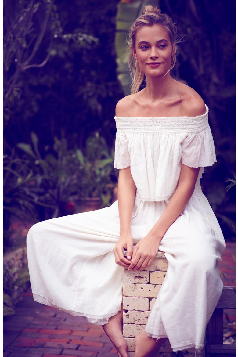 'Miss Stella' Off the Shoulder Crop Top & Culottes, Alternate, color, IVORY