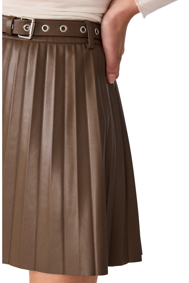 Isha Pleated Faux Leather Miniskirt, Alternate, color, COCO