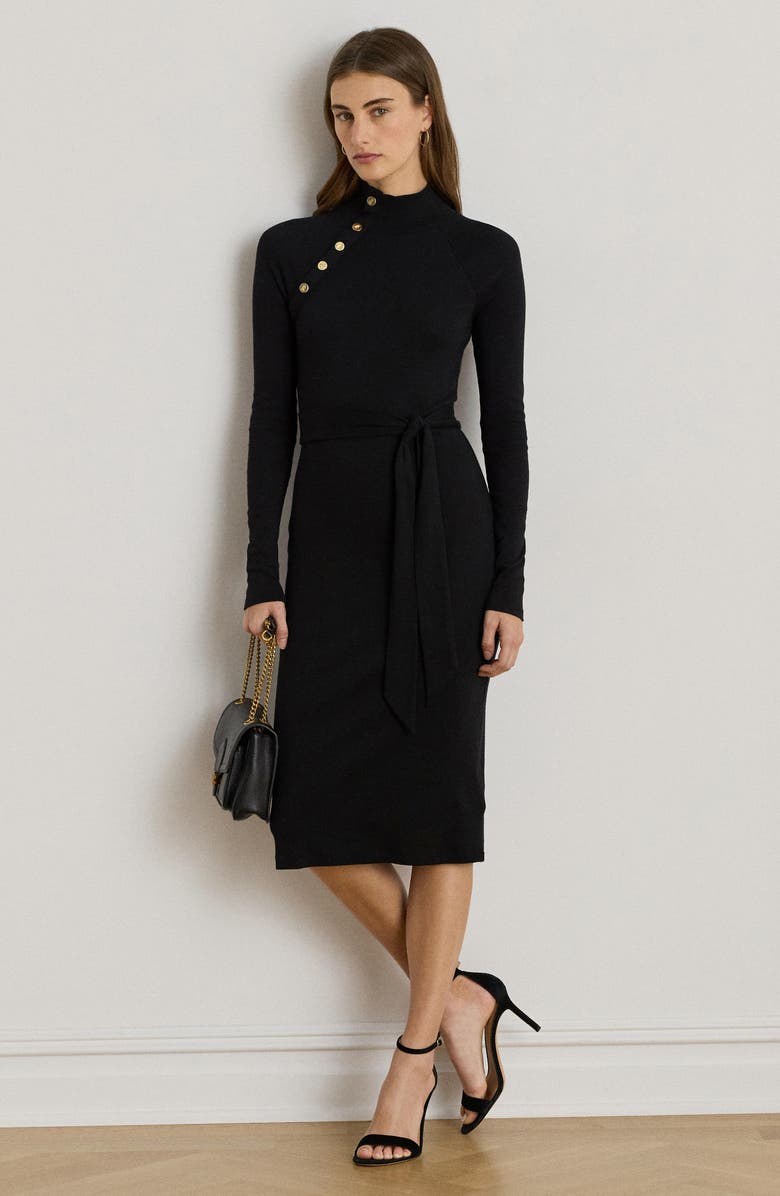 Lauren Ralph Lauren Long Sleeve Cotton Blend Rib Dress, Alternate, color, Black