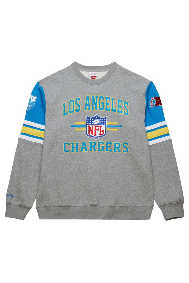 Men's Mitchell & Ness Heather Gray Los Angeles Chargers All Over 4.0 Vintage Logo Pullover Sweatshirt, Alternate, color, Heather Gray