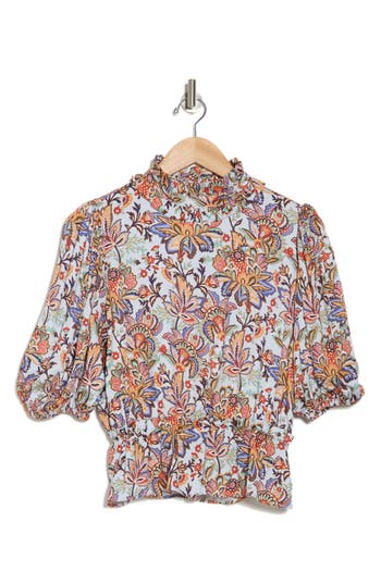 T Tahari Floral Print Ruffle Neck Peplum Crop Top In Light Blue Colorful Paisley