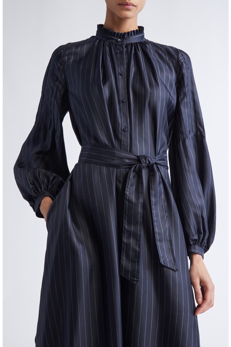 Sabbia Pinstripe Long Sleeve Silk Twill Dress, Alternate, color, ULTRAMARINE