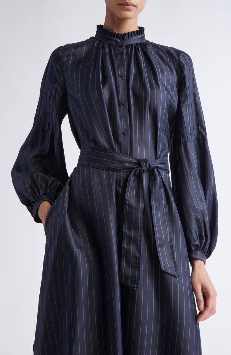 Max Mara Sabbia Pinstripe Long Sleeve Silk Twill Dress, Alternate, color, Ultramarine