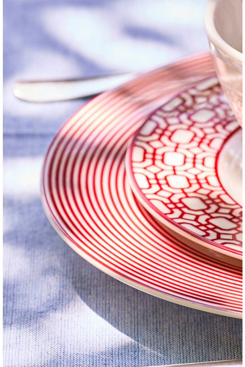 Newport Crimson Stripe Rimmed Dinner Plate  - Porcelain - Set 4, Alternate, color, RED