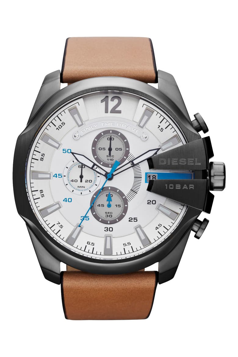 Mega Chief Chronograph Leather Strap Watch, 59mm, Main, color, GUNMETAL