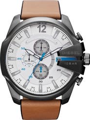 DIESEL® Mega Chief Chronograph Leather Strap Watch, 59mm