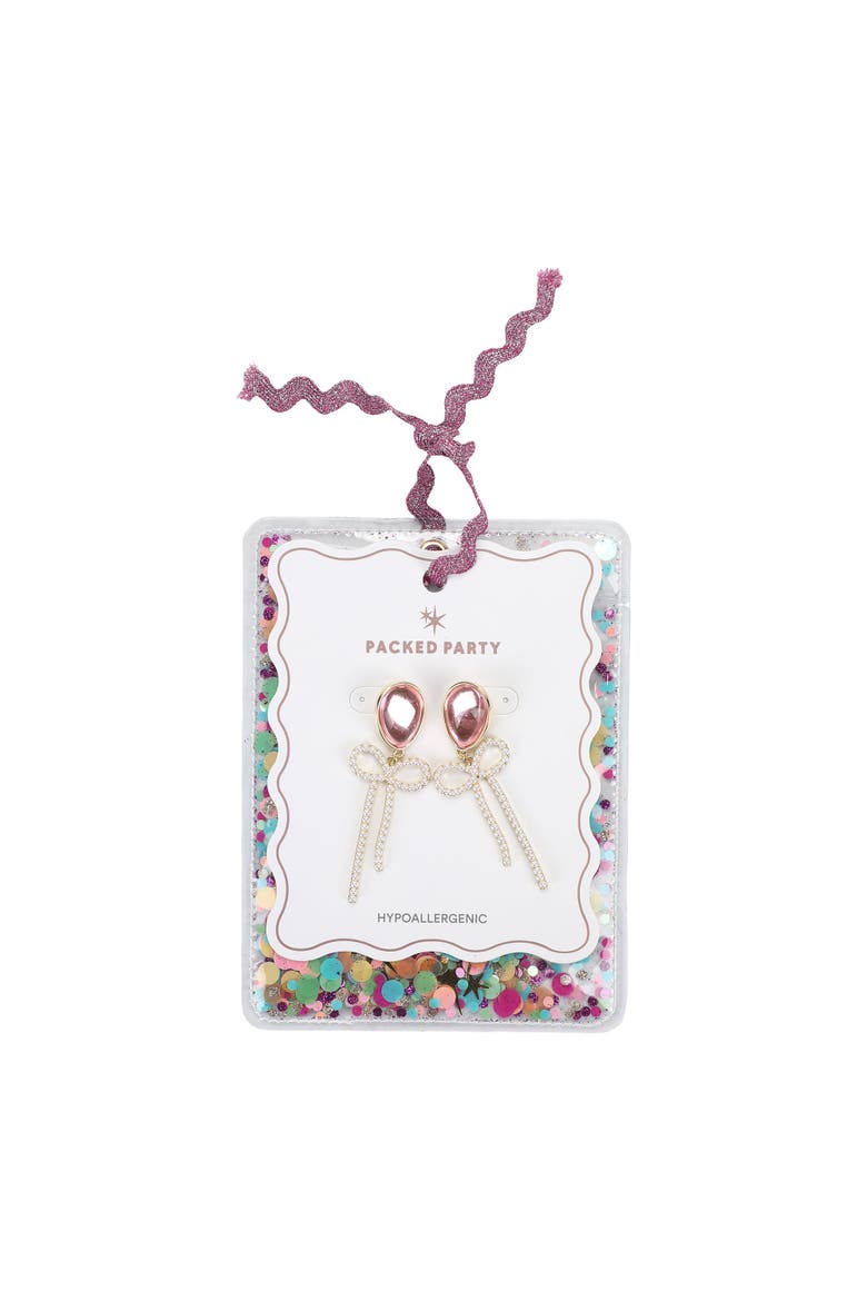 Pearl and Pink Balloon Bow Drop Earrings - Hypoallergenic Gold-Tone Post with Faux Pearl Bow and Pink Enamel Stone, 2.25 Inch, Alternate, color, Pink